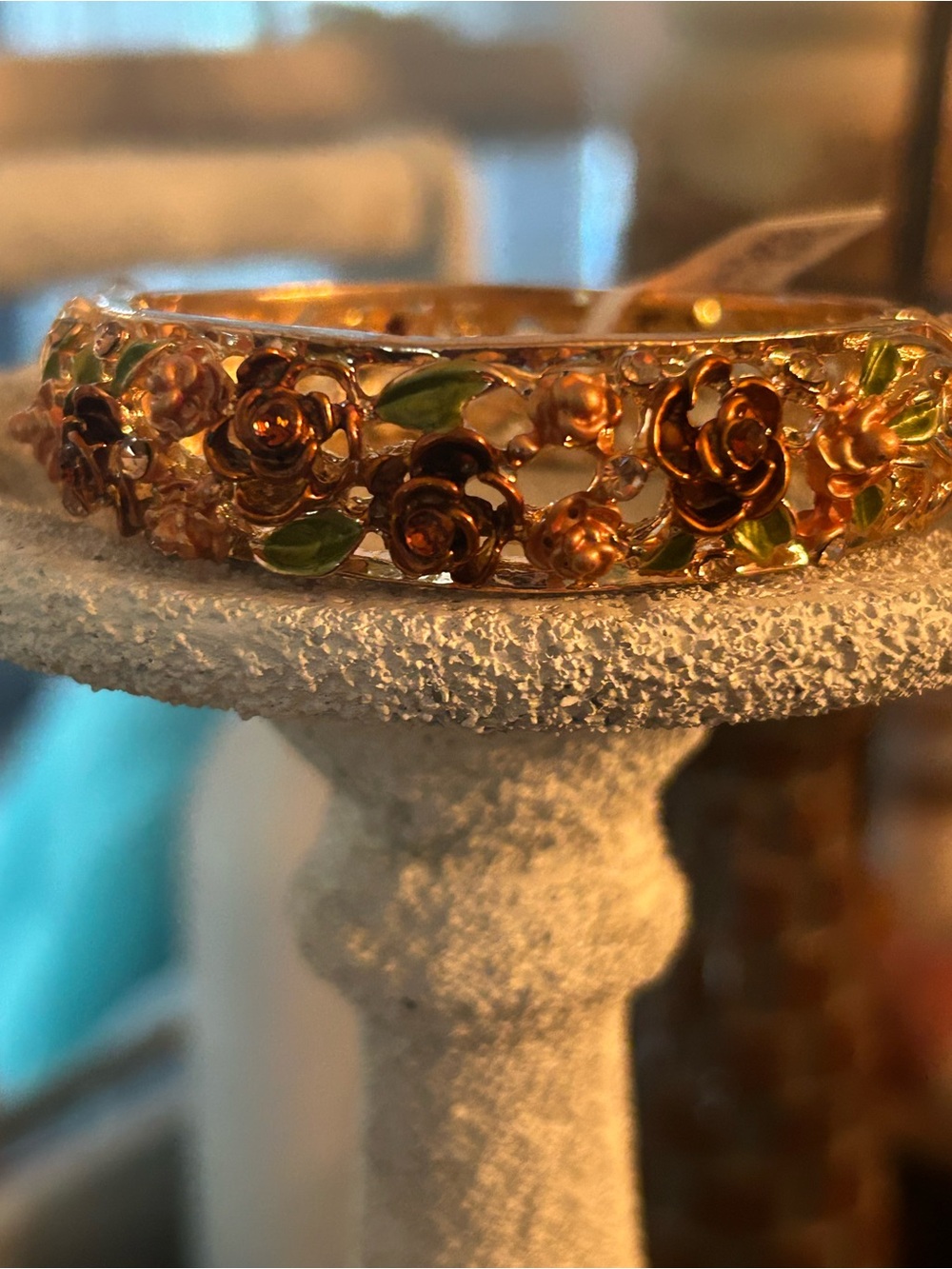Floral Rose Gold Tone Enamel Bangle Bracelet